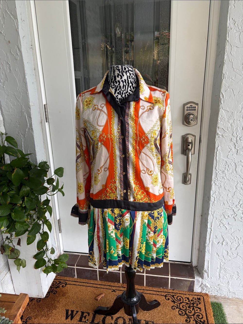 Zara Multicolor Chain-Print Silk Shirt Dress in Orange, Green, Black